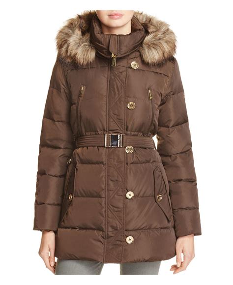 faux fur trim quilted tech belted puffer coat michael kors|Michael Kors faux fur coat.